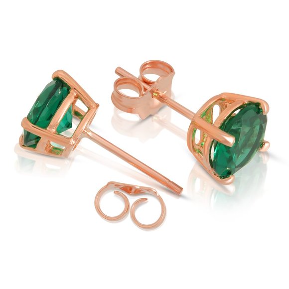 14K. SOLID GOLD STUD EARRING WITH LAB. CREATED EMERALDS (Rose gold) - Picture 2 of 6